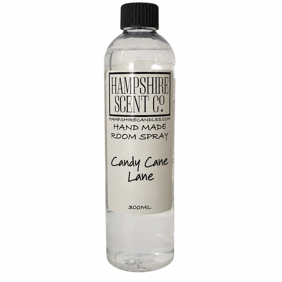 Candy Cane Lane Room Spray 300ml in a clear bottle with black screw cap and Hampshire Scent Co. label