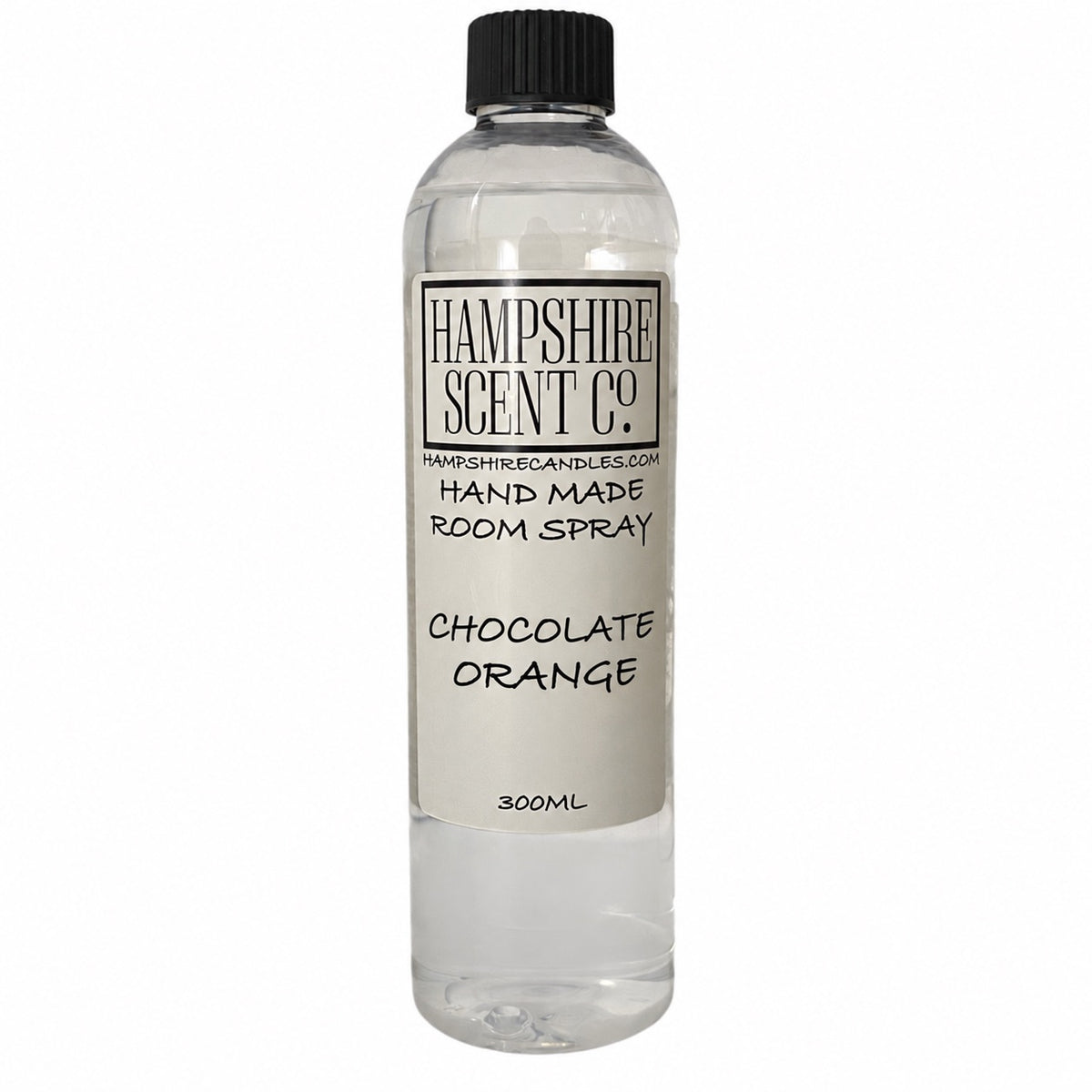 Hampshire Scent Co. Chocolate Orange handmade room spray in a 300ml clear bottle with black screw cap