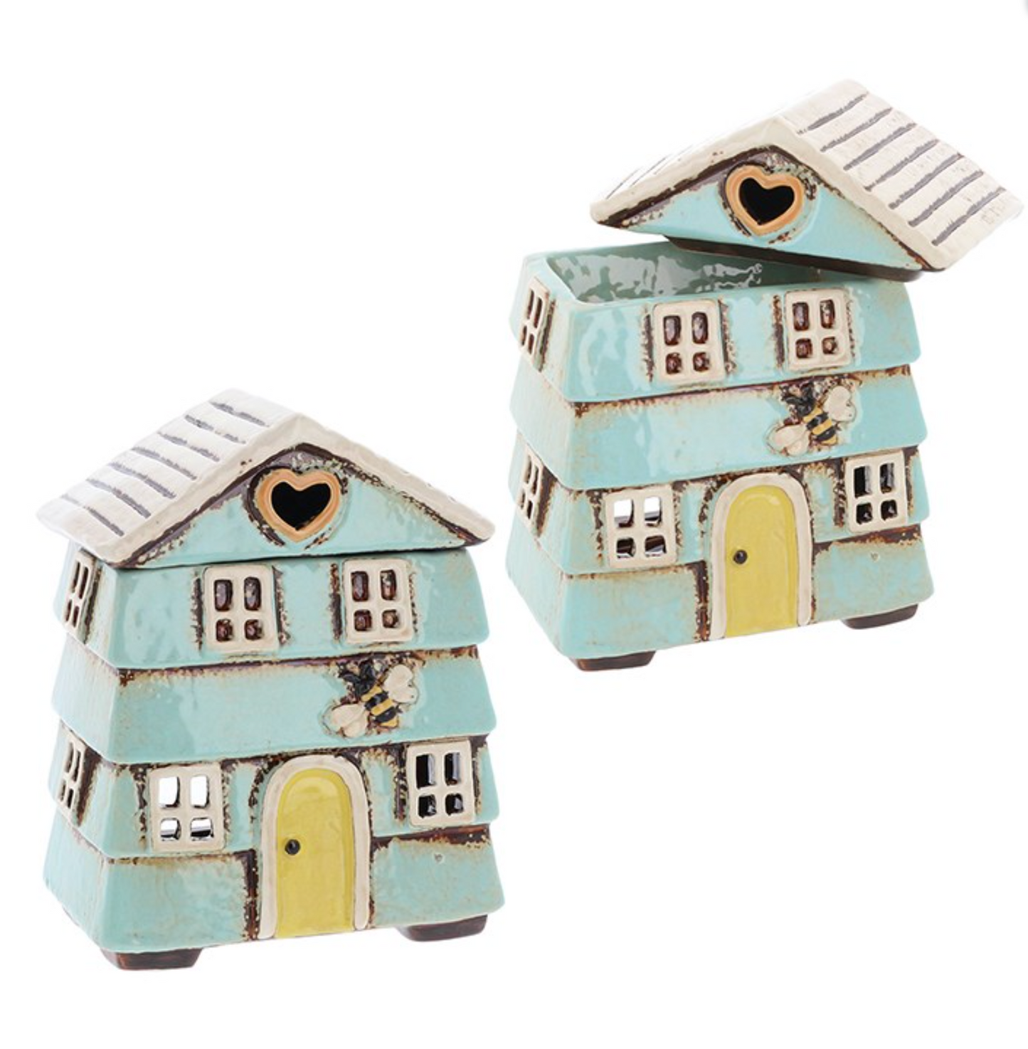 "Bee design wax melt burner glowing with tealight, home fragrance decor"