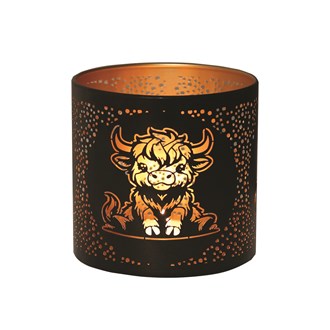 Black & Gold Highland Cow Wax Melter (10.5cm) in use as a wax melter, with wax melts in the glass dish and a tealight glowing inside.