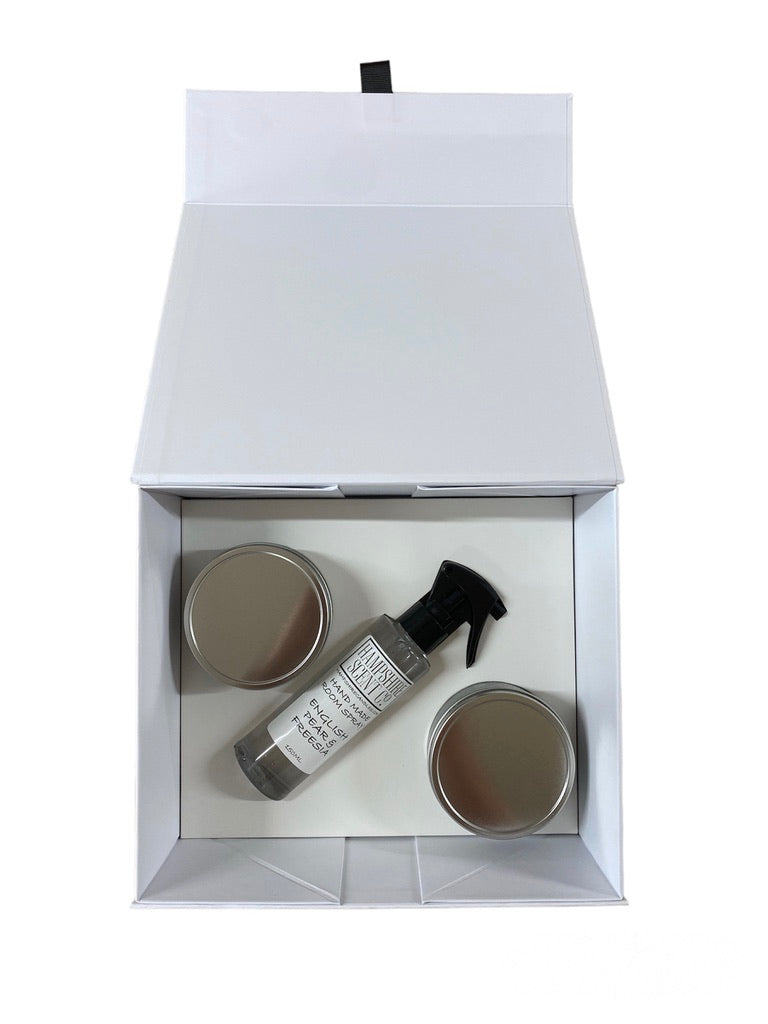 Luxury candle and room spray gift box closed, featuring a black magnetic keepsake box with Hampshire Candles logo