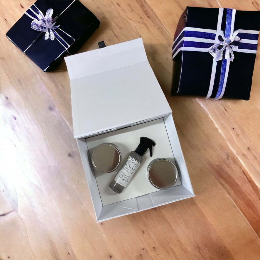 Luxury candle and room spray gift box from Hampshire Candles styled on a table, perfect for gifting and home decor.