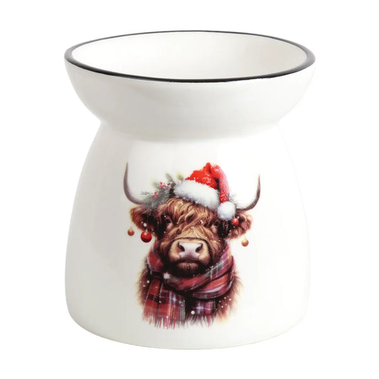 Christmas Highland Cow ceramic tealight wax melt burner with Santa hat