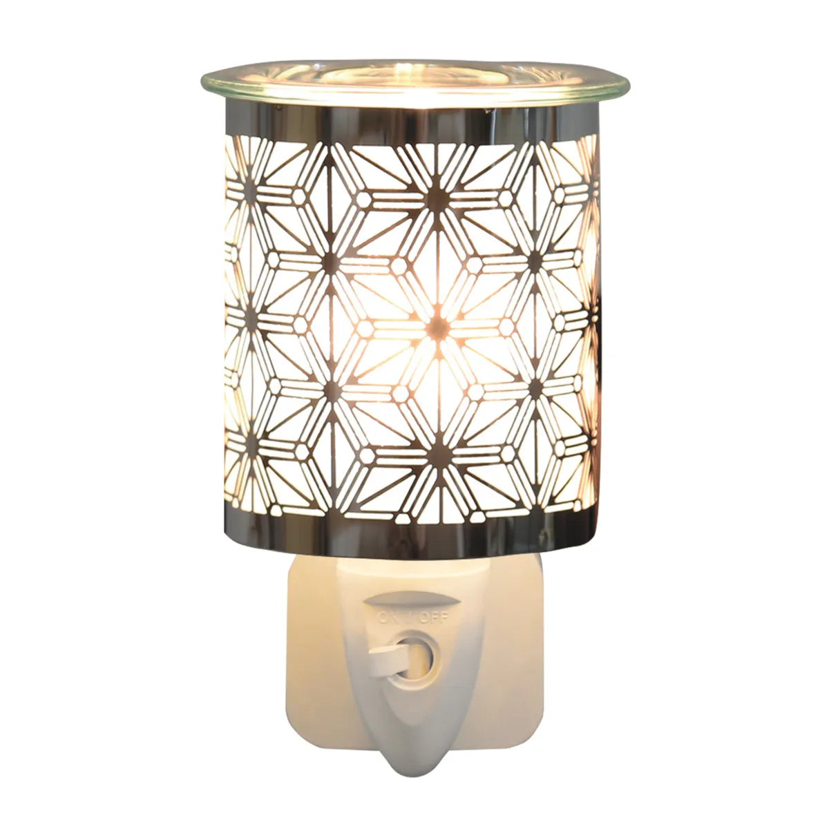 Chrome star plug-in wax melt burner with glowing star cut-out design and glass wax dish