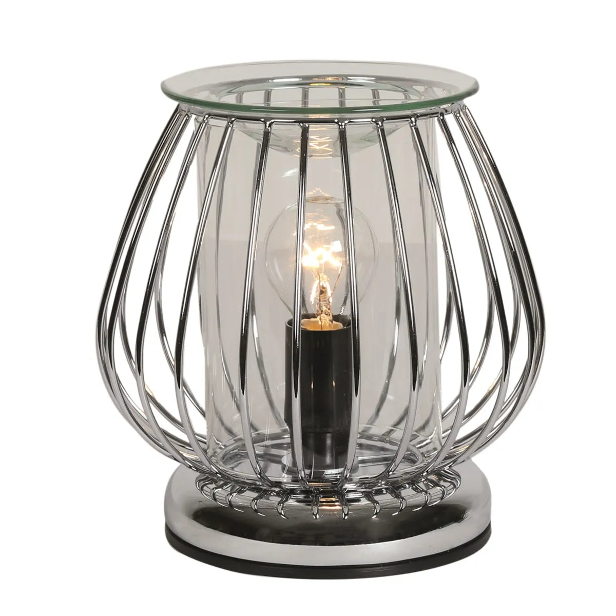 Chrome touch electric wax melt burner with industrial cage design and glass cylinder – 17cm high fragrance lamp.