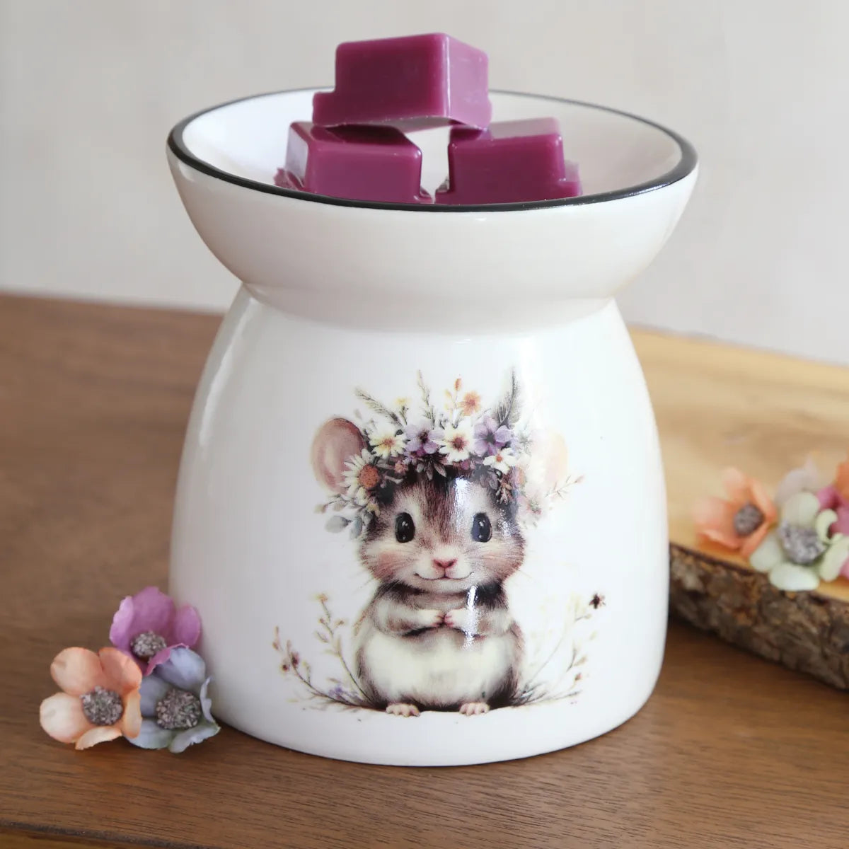 Close-up of Floral Mouse Wax Melt Burner showing the cute mouse character, delicate flower details and white ceramic finish.