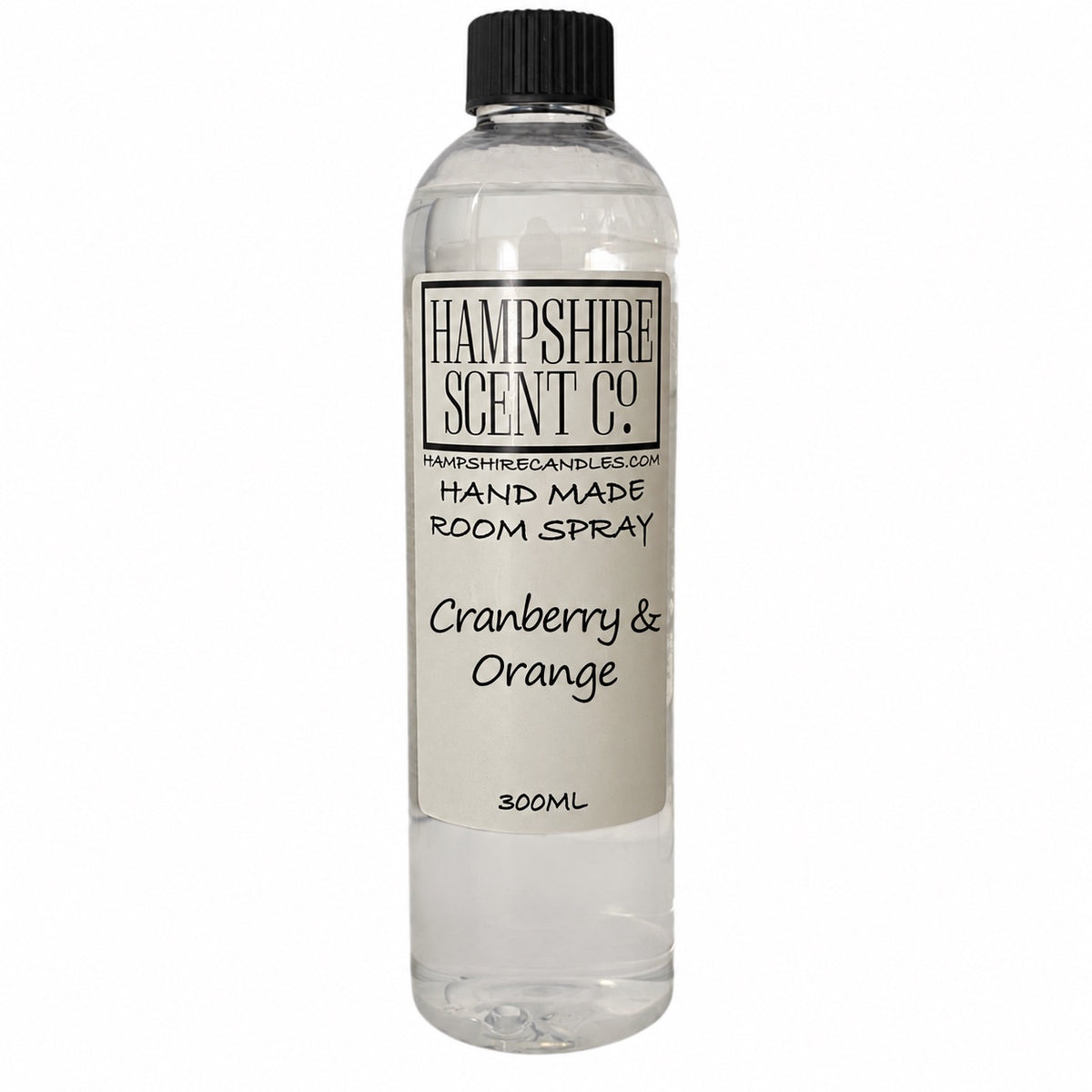 Hampshire Scent Co. Cranberry & Orange handmade room spray in a 300ml clear bottle with black screw cap