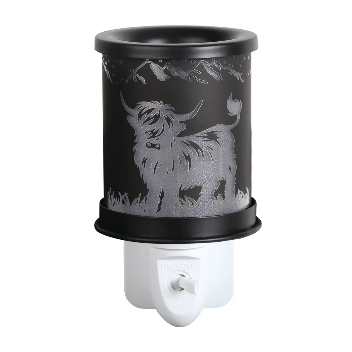 Electric Highland Cow mountain wax warmer with ceramic cut-out design and glass dish