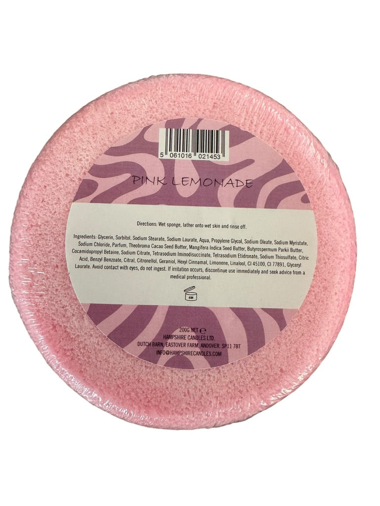 "Exfoliating Pink Lemonade soap sponge for refreshing fruity showers"