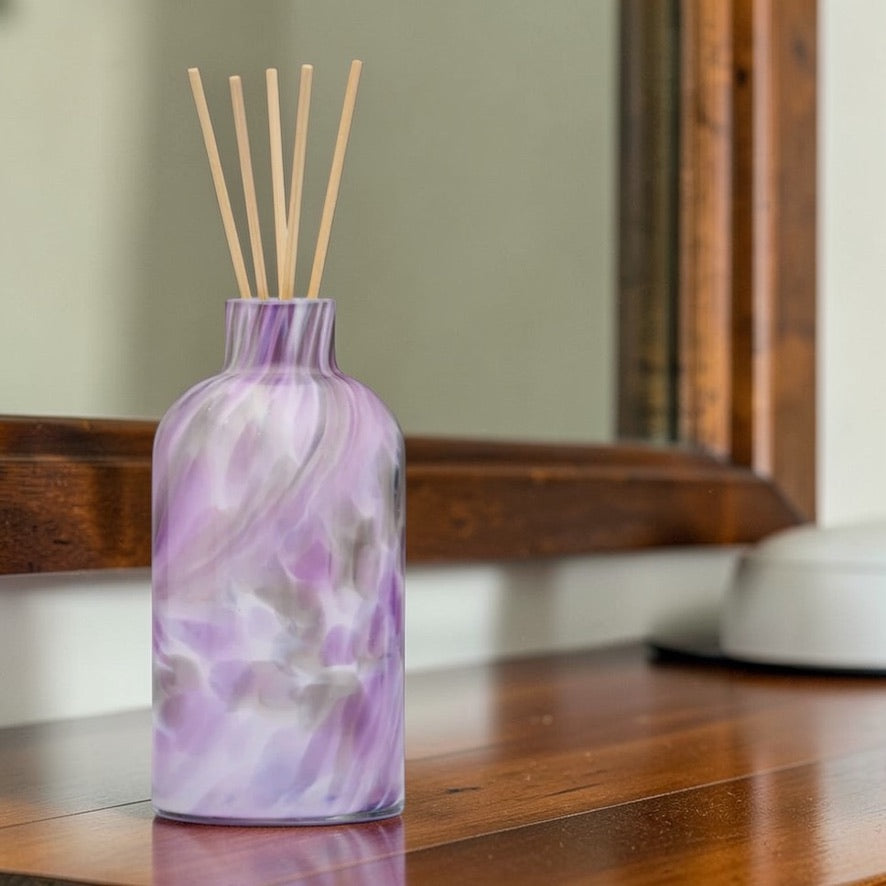 Glass reed diffuser bottle lavender haze calming design UK