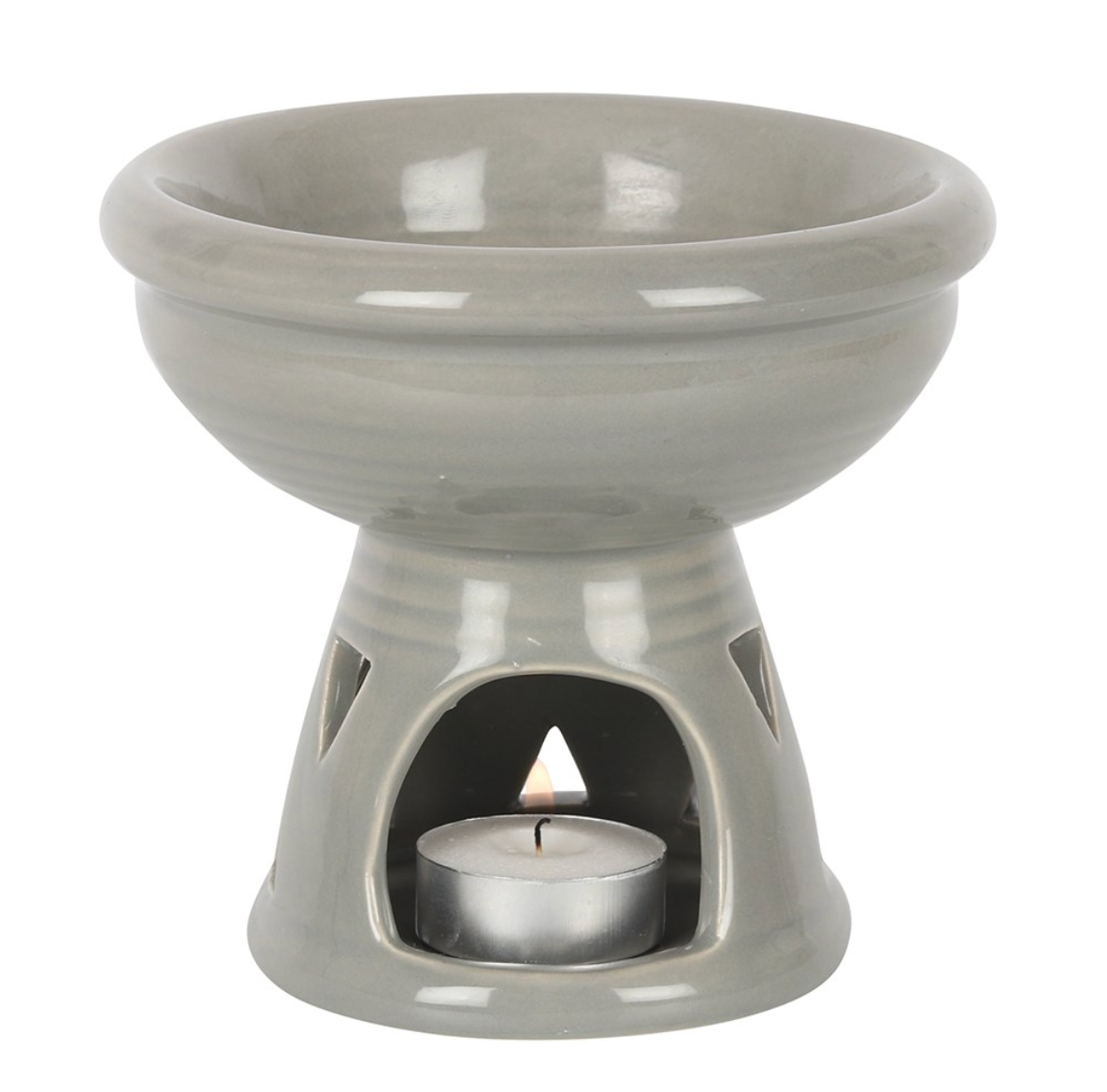 Tea Light Wax Melt Burner in Use – A lit grey ceramic burner with a tea light and melting wax for home fragrance.