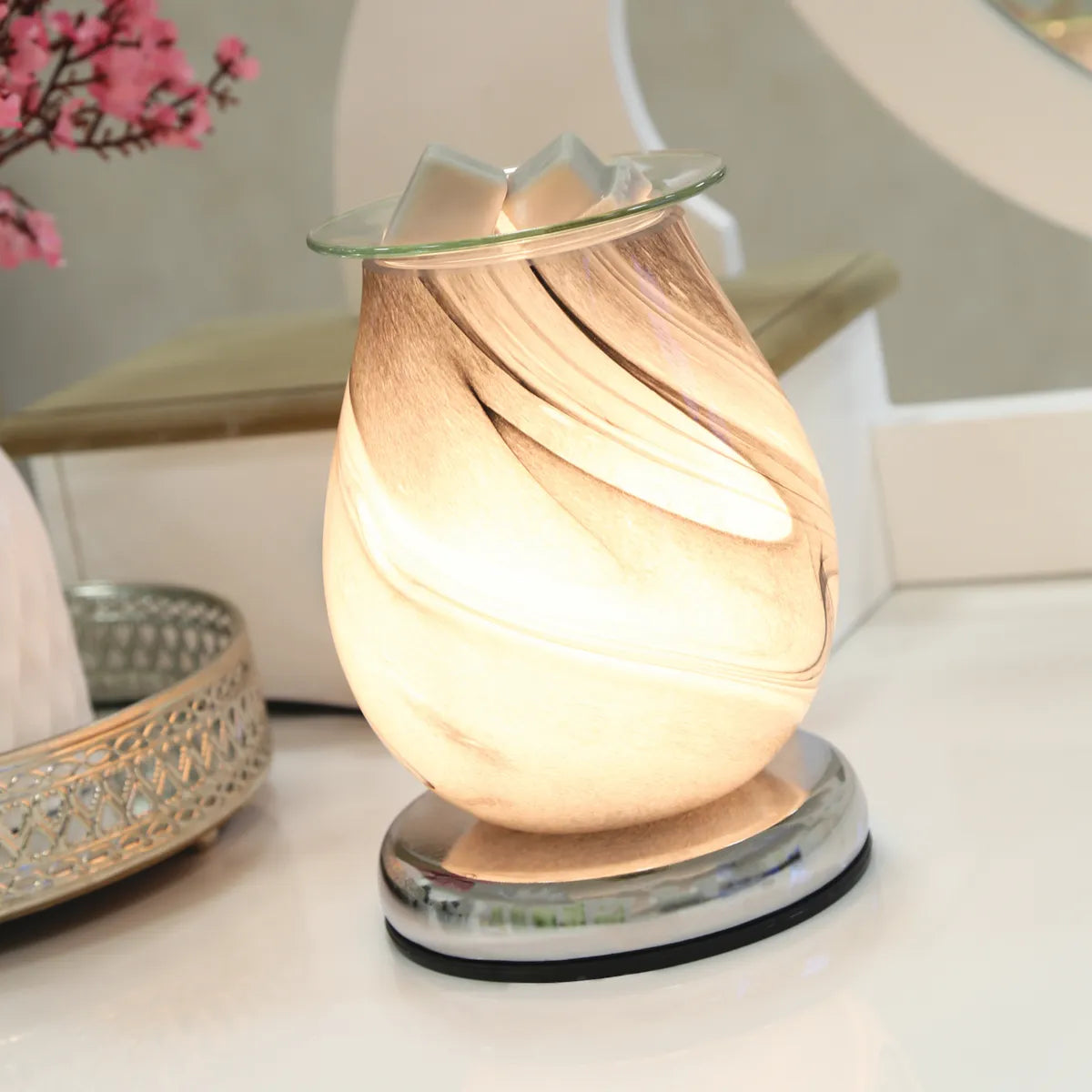 "Grey Swirl Oval Touch Electric Wax Melt Burner with elegant glass design, perfect for melting wax and adding fragrance to your home."
