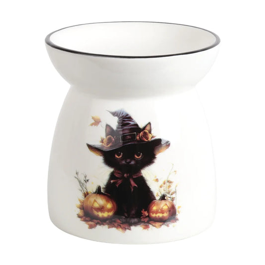 Halloween Cat ceramic tealight wax melt burner with witch's hat and pumpkins