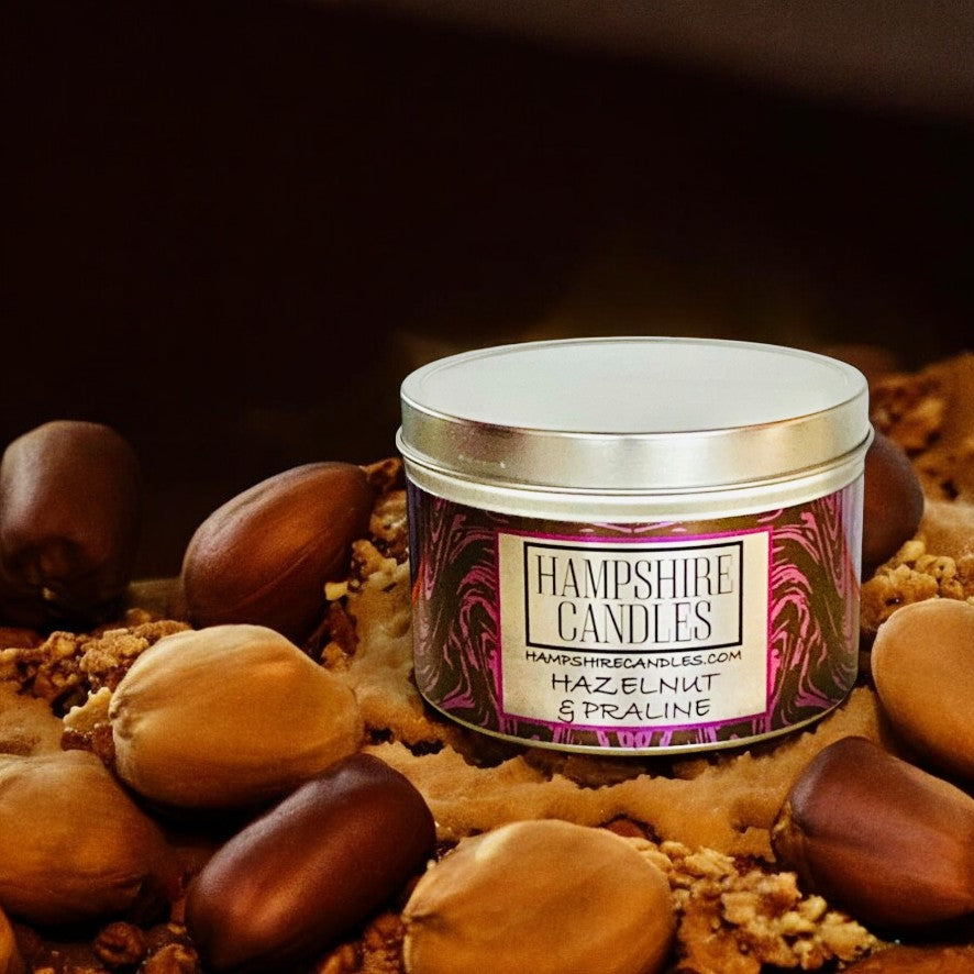 Perfect Gift – Hazelnut & Praline Candle with Stylish Packaging – A luxury scented candle in a decorative tin, ideal for gifting and home décor.