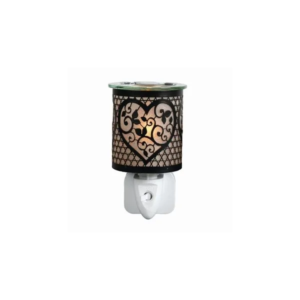 Illuminated black and gold heart wax warmer with decorative silhouette design