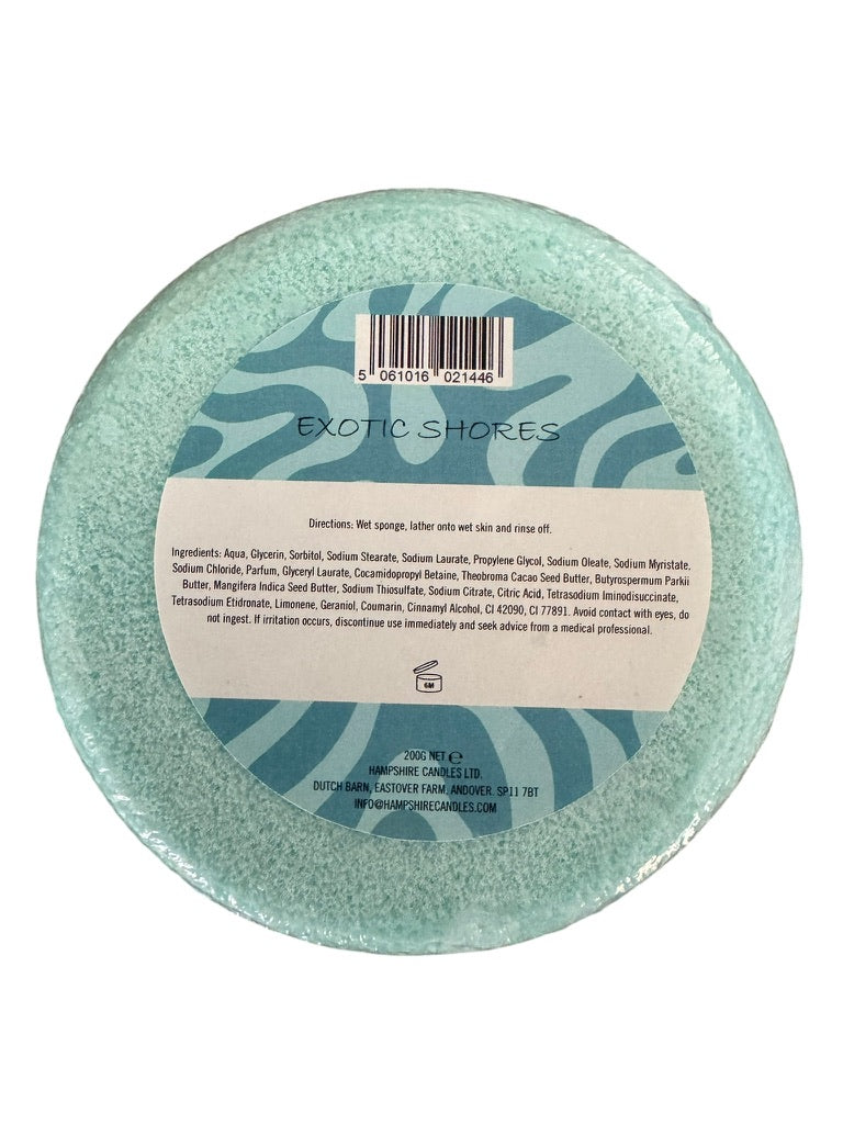 "Luxury Exotic Shores soap sponge bringing tropical vibes to shower"