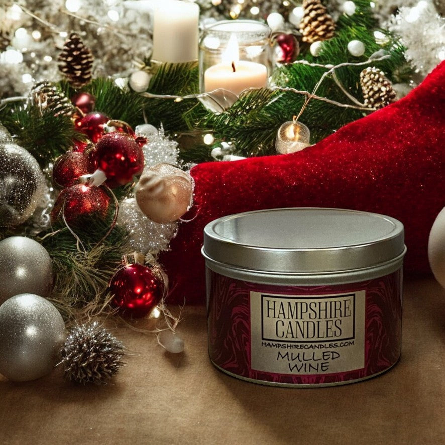 Hand-poured soy wax candle in a tin labeled "Mulled Wine," perfect for cozy christmas moments.