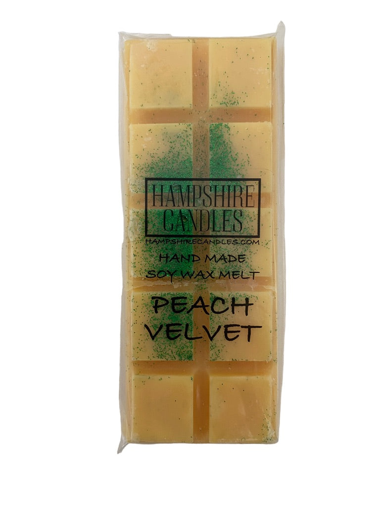 Peach Velvet Wax Melts with a smooth, sweet peach fragrance, enhanced by velvety undertones for a luxurious and fresh home scent. Soy wax melts for home fragrance enthusiasts