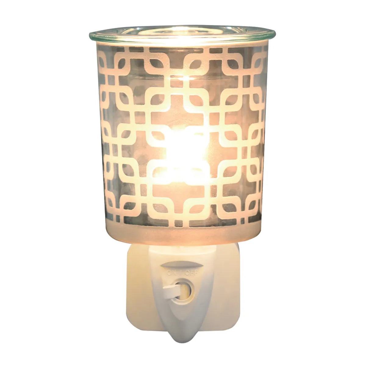 Pewter squares plug-in wax melt burner with geometric cut-out design and glass dish