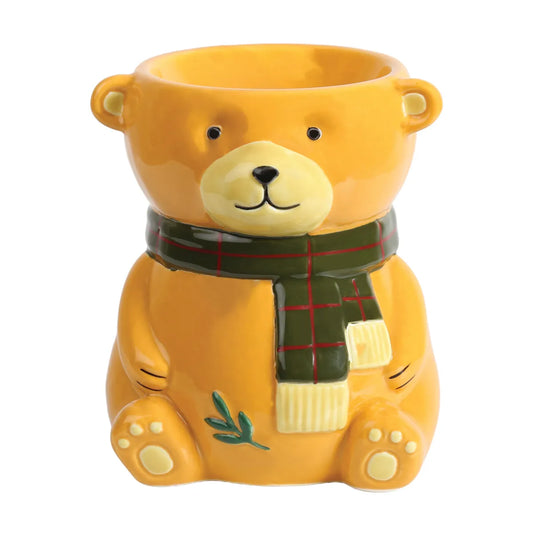 Teddy Bear ceramic tealight wax melt burner 12cm with decorative chequered scarf