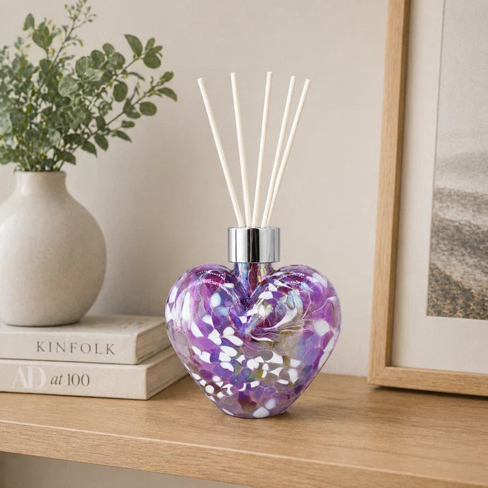 Violet Heart Glass Reed Diffuser 550ml with elegant handcrafted mouth-blown glass design and five diffuser reeds.