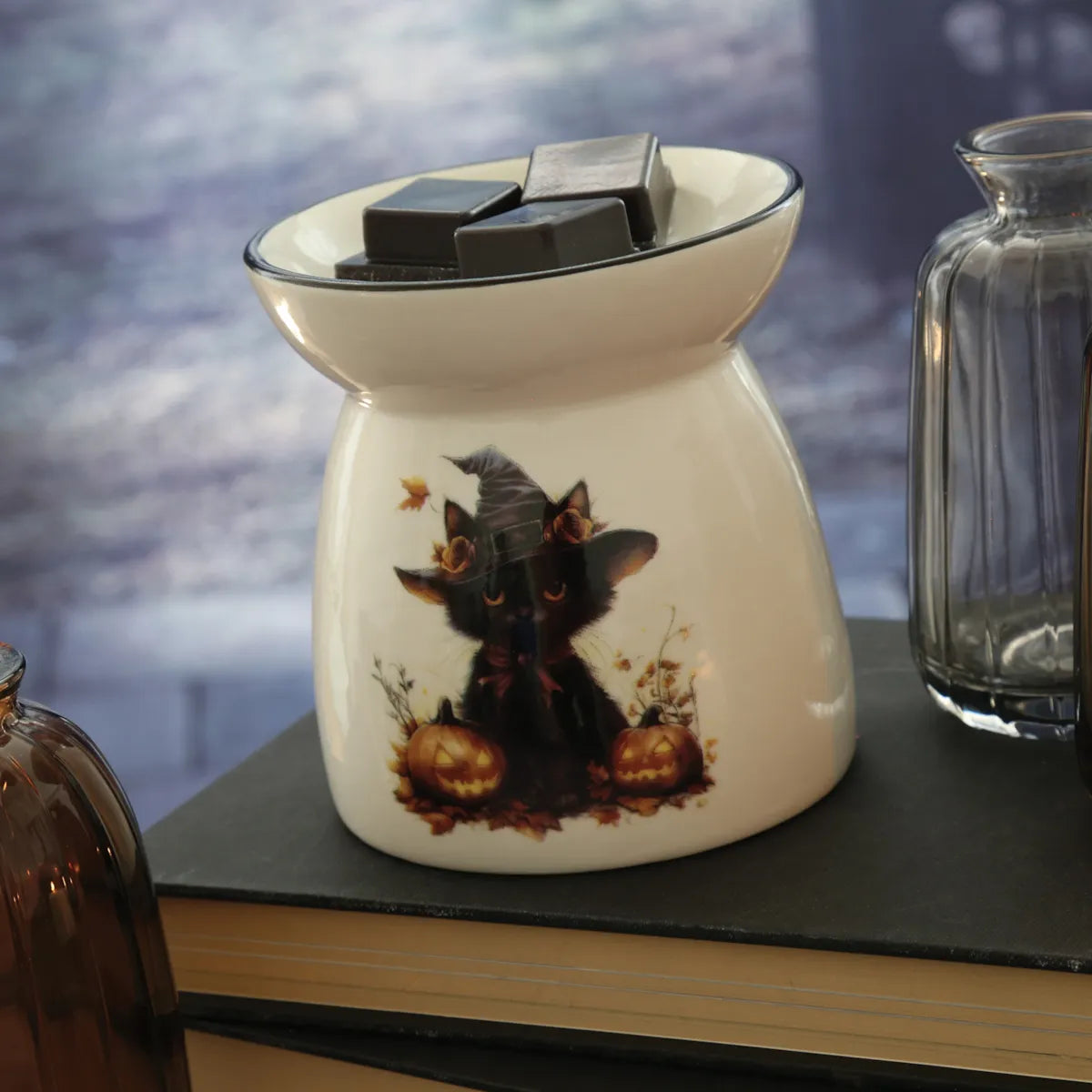 White ceramic Halloween Cat wax warmer for soy wax melts and spooky home décor