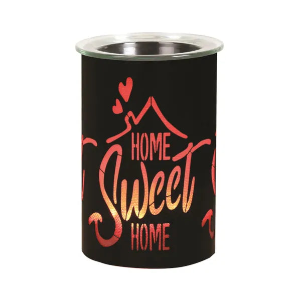 Black LED wax melt burner with “Home” cut-out design, glowing rainbow colours – 12cm electric melter by Hampshire Candles.