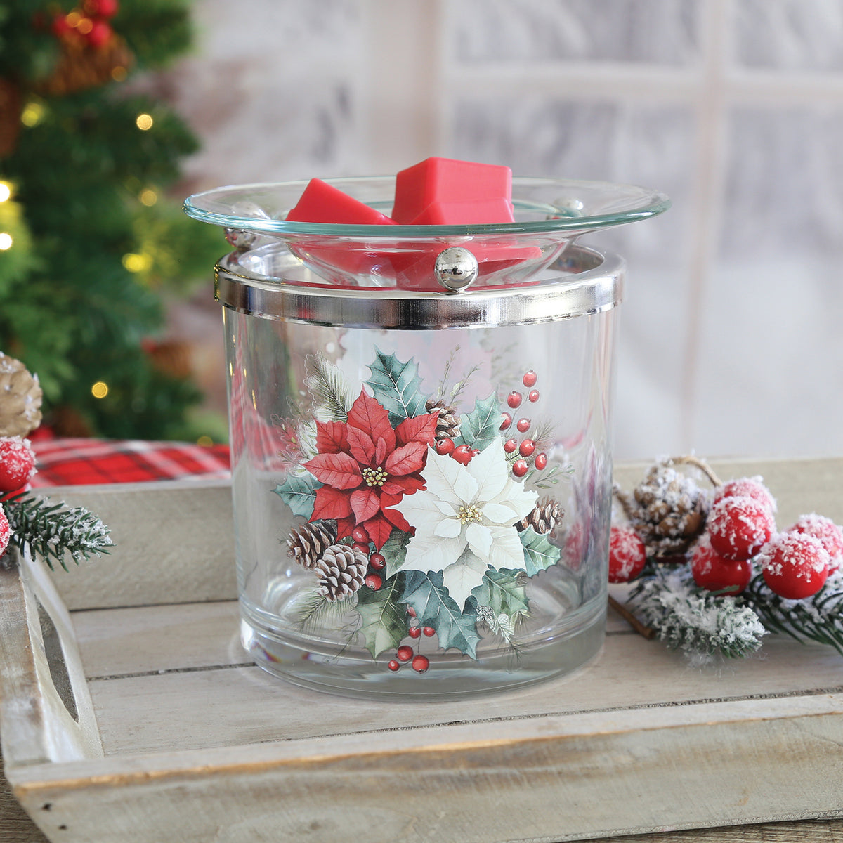 Poinsettia glass tealight wax melt burner, clear glass cylinder with red and white poinsettias, holly berries and pine cones