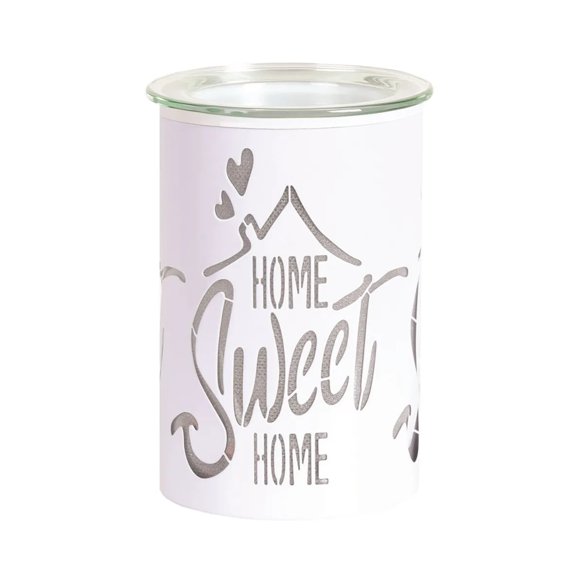 White cylindrical electric wax melt burner with "Home Sweet Home" cut-out design, glowing softly with LED light.