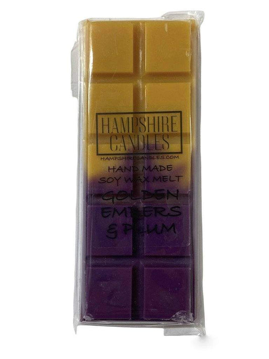 Soy wax melts with the deep, fruity scent of plum and golden embers. Ideal for electric wax melt burners, bringing warmth and elegance to your home.