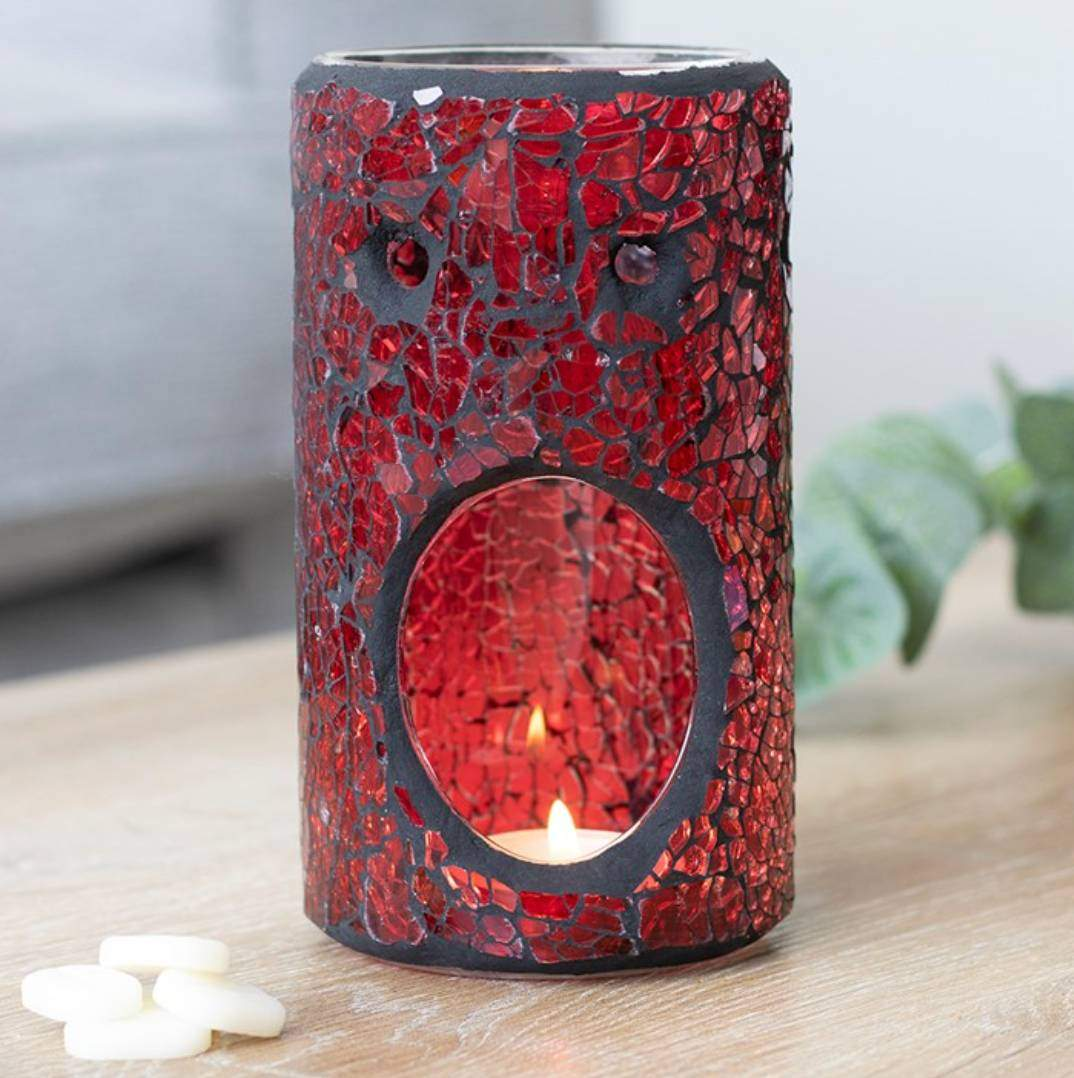 Red pillar-shaped crackle glass wax melt burner, stylish wax melter and oil warmer for home fragrance