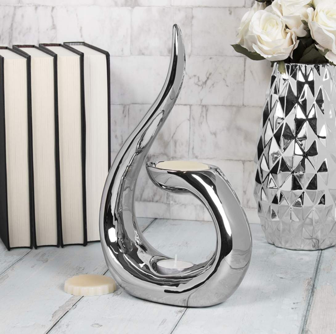 Tall extra large chrome wax melt burner with a glossy mirrored silver finish – ideal for melting wax melts and fragrance oils in a modern home