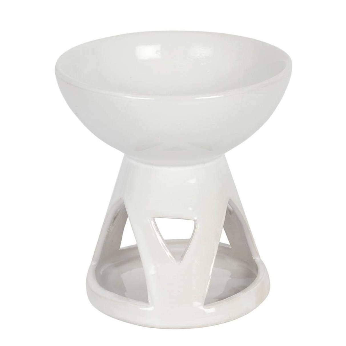 Tea Light Wax Melt Burner in Use – A lit white ceramic burner with a tea light and melting wax for home fragrance.