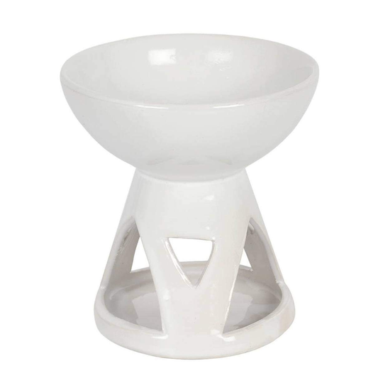Tea Light Wax Melt Burner in Use – A lit white ceramic burner with a tea light and melting wax for home fragrance.