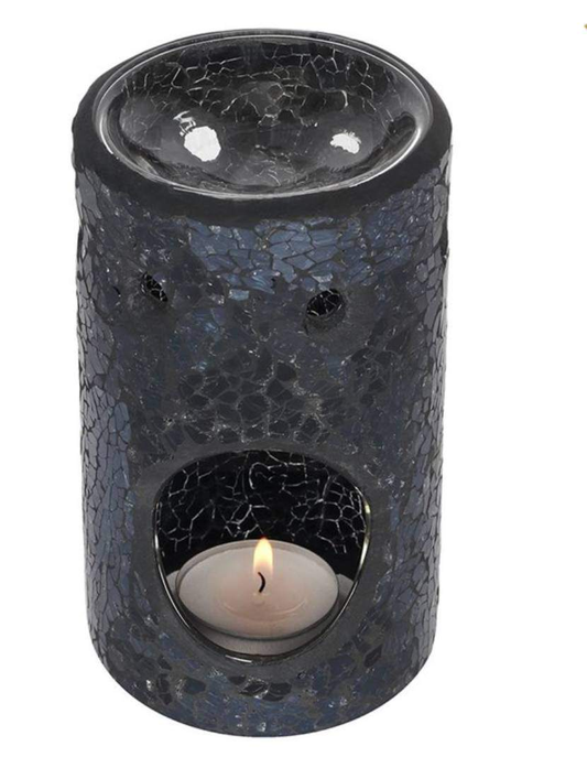 Elegant wax melt burner in black glass with crackle effect