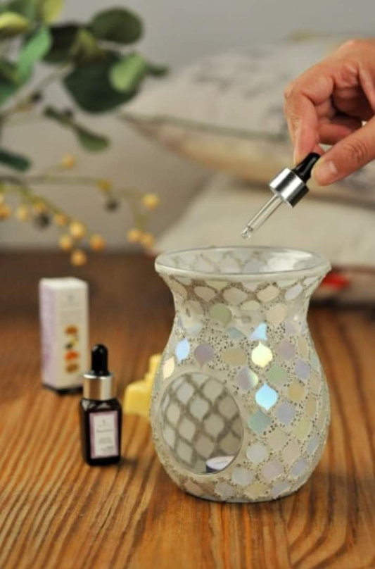 Large pearl crackle glass mosaic wax melt burner – decorative wax and oil warmer for home fragrance