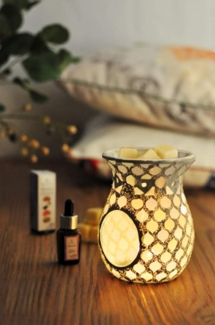 Large pearl crackle glass mosaic wax melt burner – decorative wax and oil warmer for home fragrance