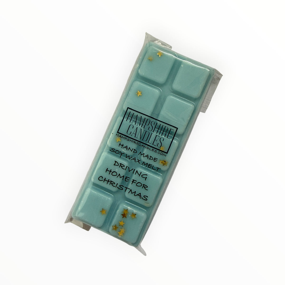 Driving Home For Christmas Mini Snap Bar soy wax melt in pale duck-egg blue with gold star glitter, in clear cellophane with Hampshire Candles label