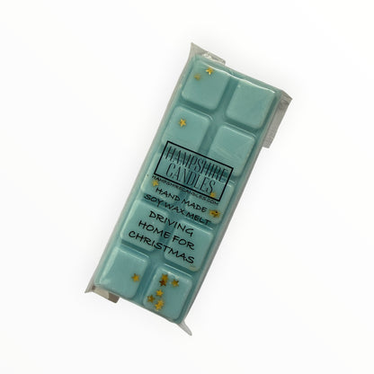 Driving Home For Christmas Mini Snap Bar soy wax melt in pale duck-egg blue with gold star glitter, in clear cellophane with Hampshire Candles label