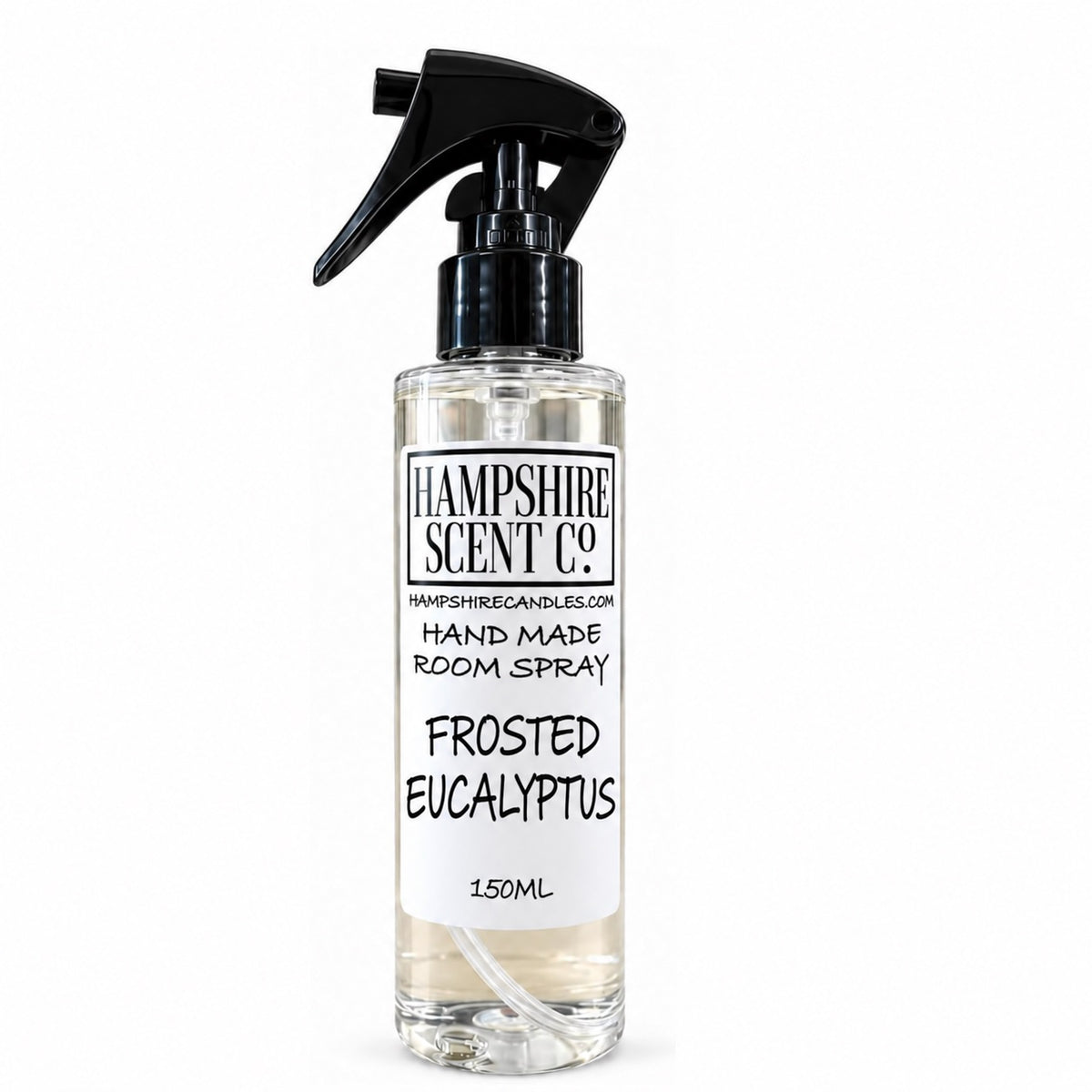 Hampshire Scent Co. Frosted Eucalyptus handmade room spray in a 150ml clear bottle with black fine mist trigger
