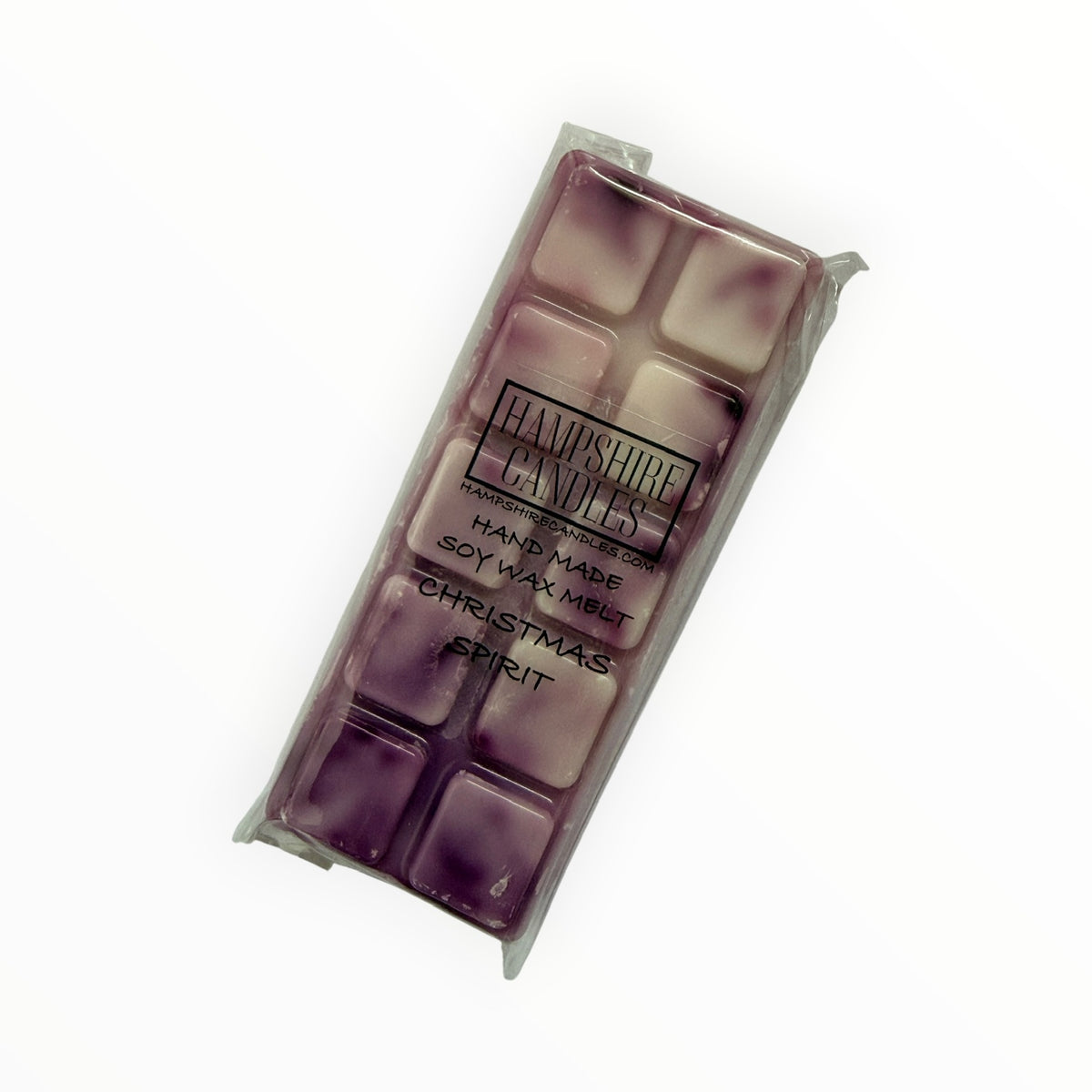 Christmas Spirit Mini Snap Bar soy wax melt marbled in plum purple and cream, in clear cellophane