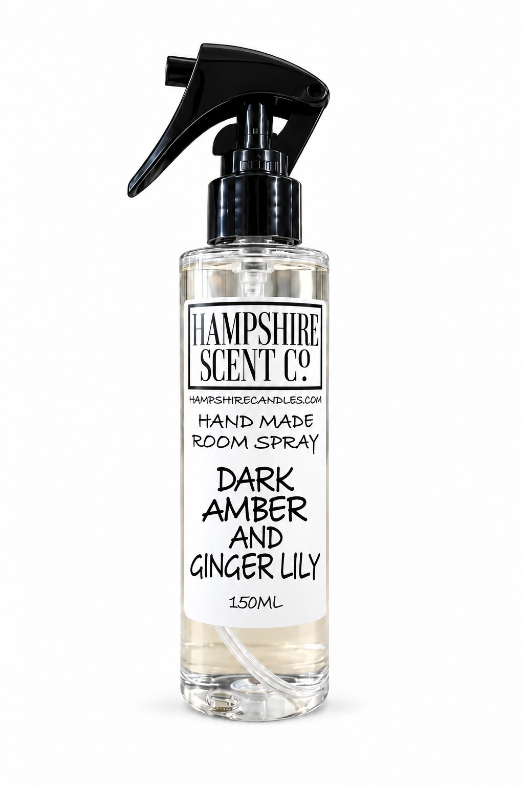 A 150ml room spray bottle from Hampshire Scent Co. with a black trigger spray top and a white label reading 'Dark Amber and Ginger Lily'.