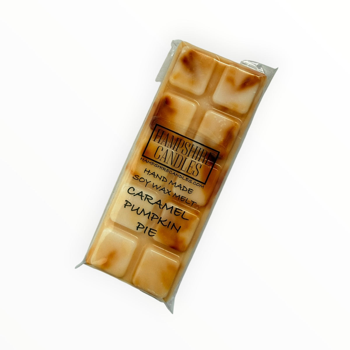 Caramel Pumpkin Pie Mini Snap Bar soy wax melt in cream with caramel-brown swirls, in clear cellophane with Hampshire Candles label