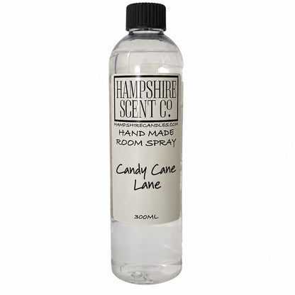 Candy Cane Lane Room Spray 300ml in a clear bottle with black screw cap and Hampshire Scent Co. label