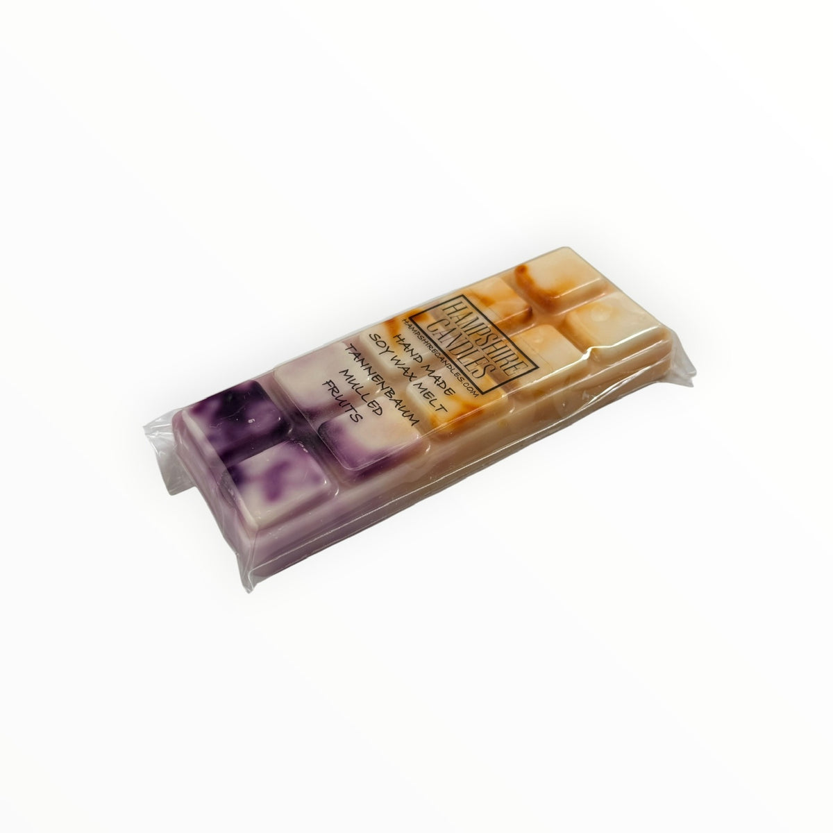 Tannenbaum Mulled Fruits Mini Snap Bar wax melt lying flat, showing the purple and caramel marbled segments