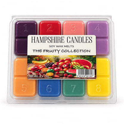 Fruity Collection wax melt selection box: eight juicy-coloured melts in plum, red, pink, purple, orange, blue and green