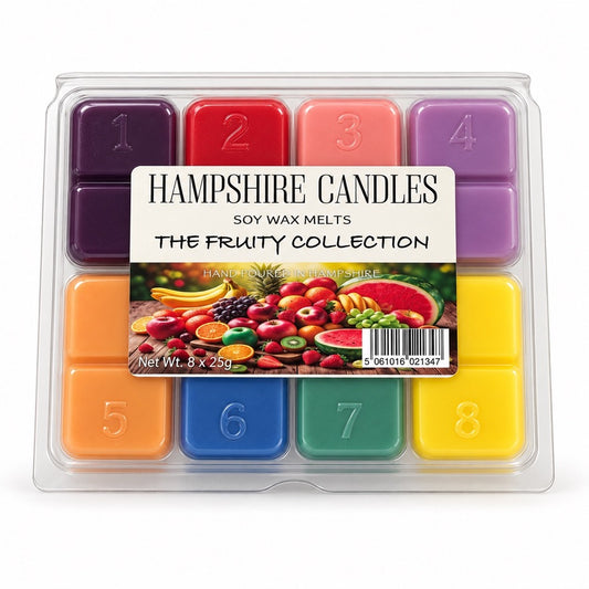 Fruity Collection wax melt selection box: eight juicy-coloured melts in plum, red, pink, purple, orange, blue and green
