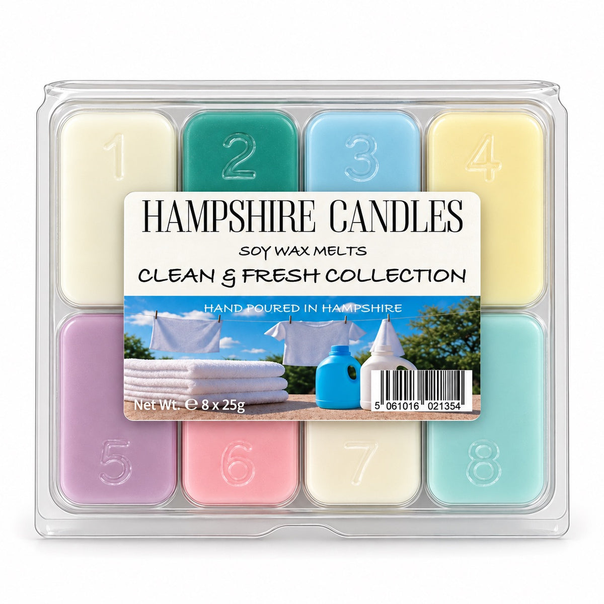 Clean & Fresh Collection wax melt selection box by Hampshire Candles, eight pastel melts in cream, teal, blue, lilac and pink