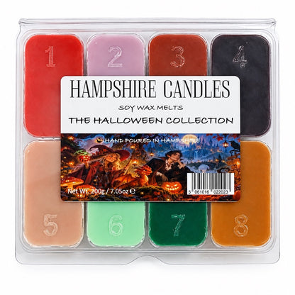 Halloween Collection Box wax melts by Hampshire Candles, showing 8 soy wax melts: Scarlet Witch, Ghost, Vampire Blood, Hocus Pocus, Dragons Blood, Enchanted Forest, Poisoned Apple and Sandalwood