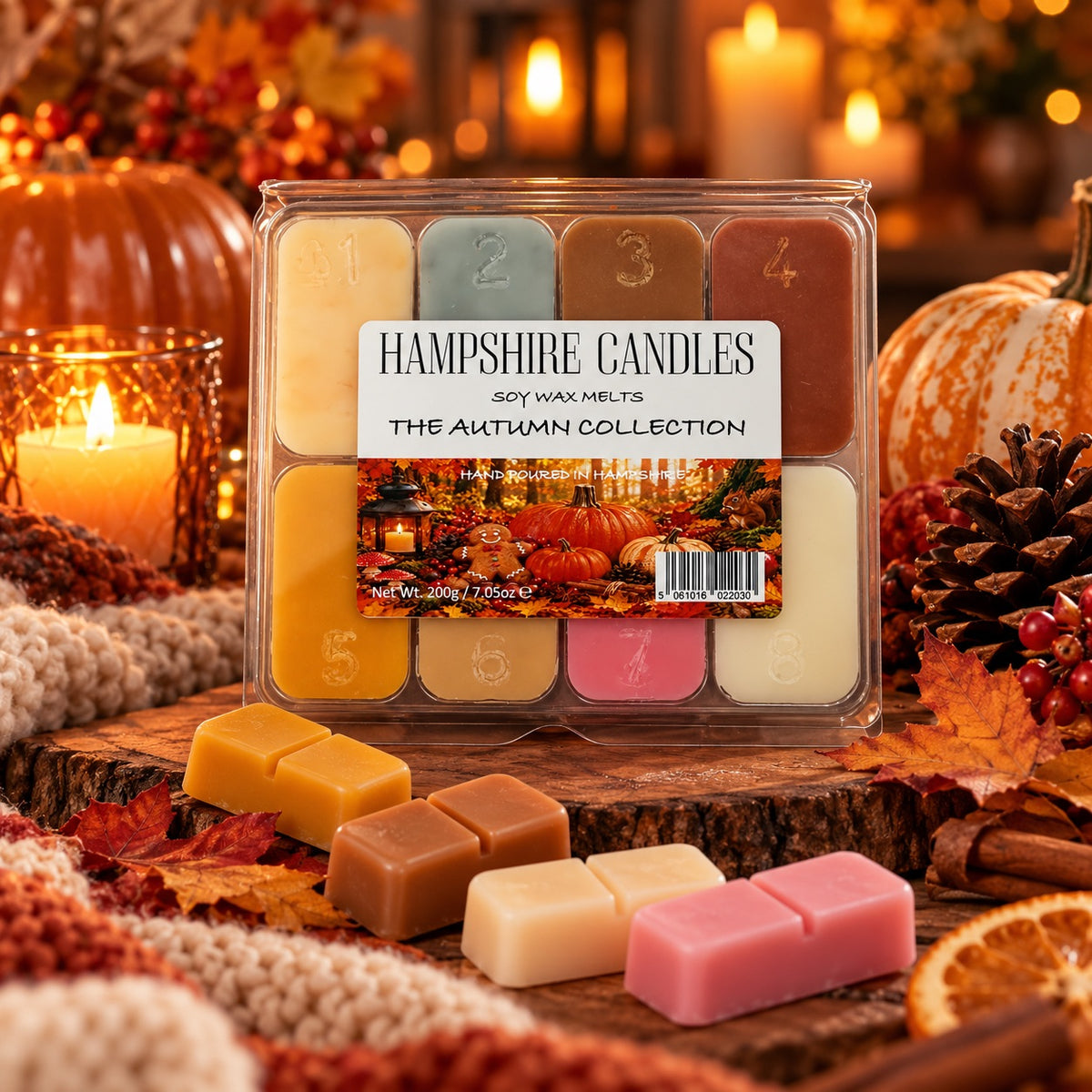 Autumn Collection Box soy wax melts by Hampshire Candles with candles, pumpkins, pine cones and a knitted blanket
